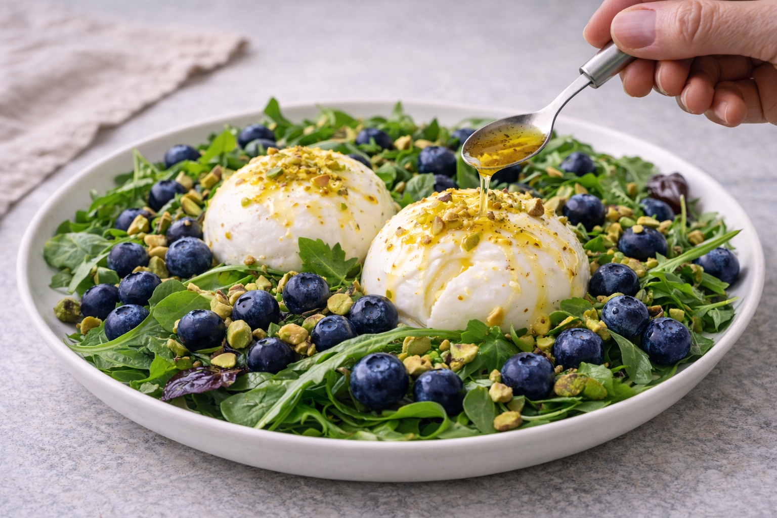 ensalada de burrata con arándanos