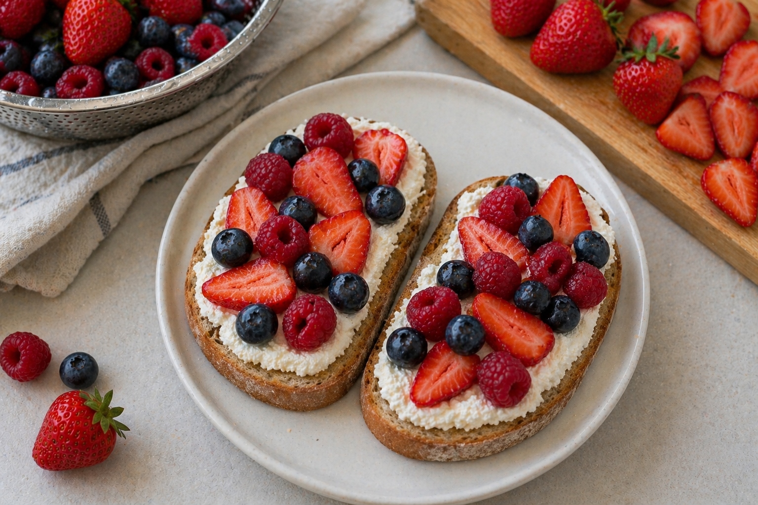 tostadas crujientes con ricotta y frutos rojos