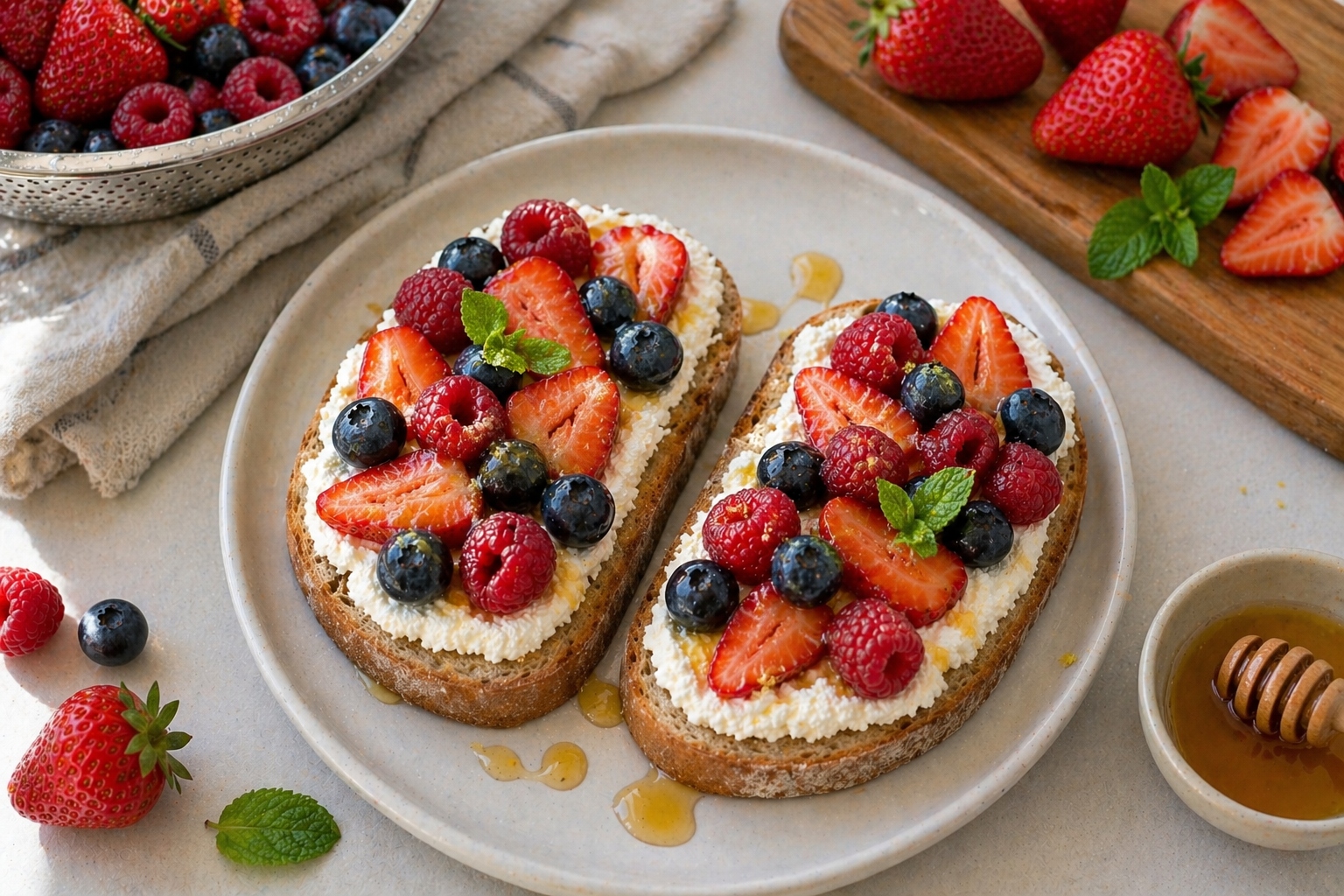 tostadas crujientes con ricotta y frutos rojos
