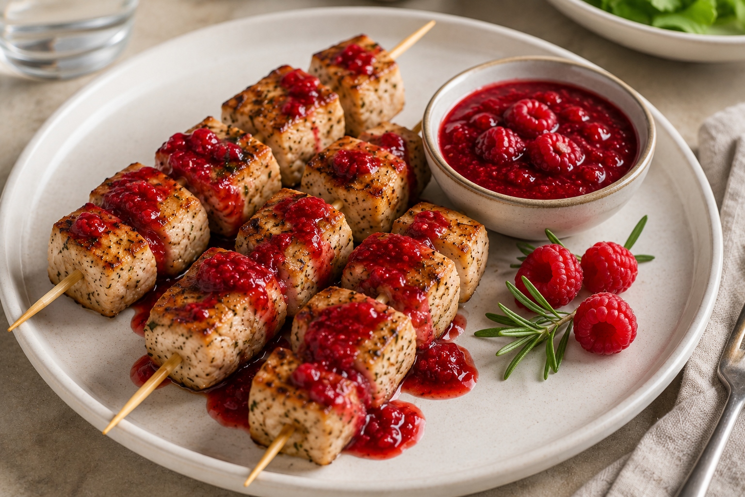 brochetas de pavo con salsa de frambuesas