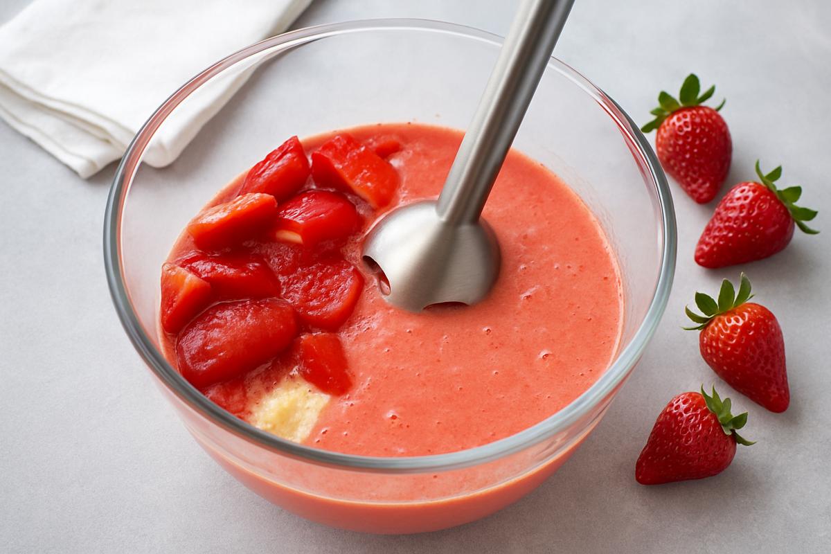 Paso a paso salmorejo de fresas Cuna de Platero batir