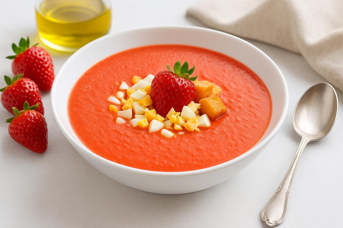 Paso a paso salmorejo de fresas Cuna de Platero emplatado