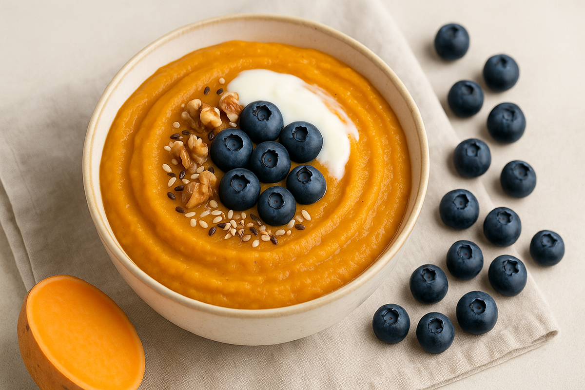 puré de boniato y arándanos