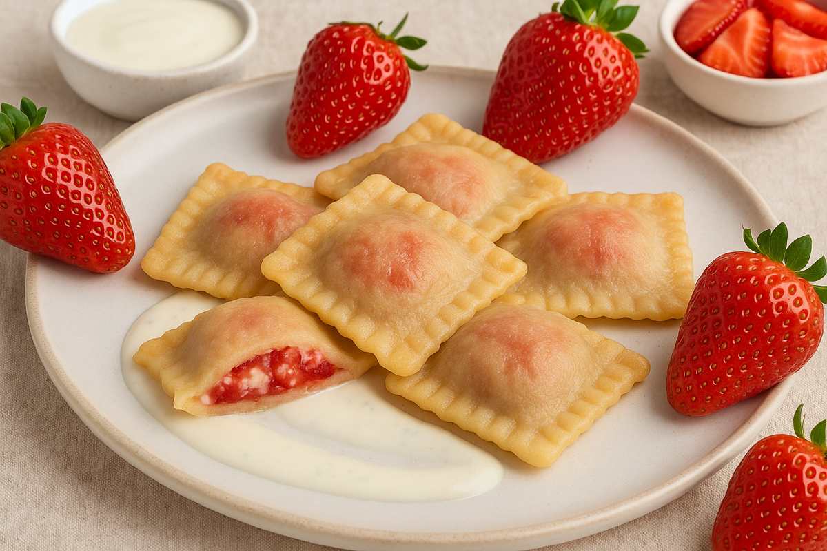 Raviolis dulces rellenos de fresas y ricotta