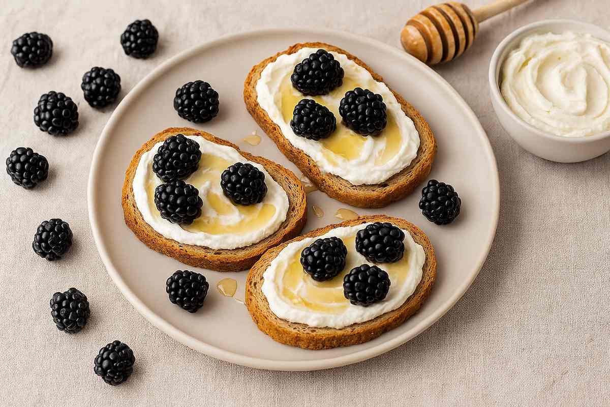 Tostada de pan integral con ricotta y moras