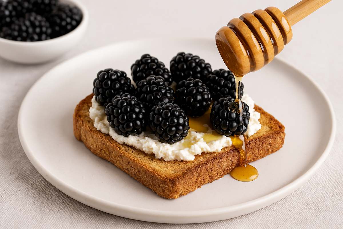 Tostada de pan integral con ricotta y moras