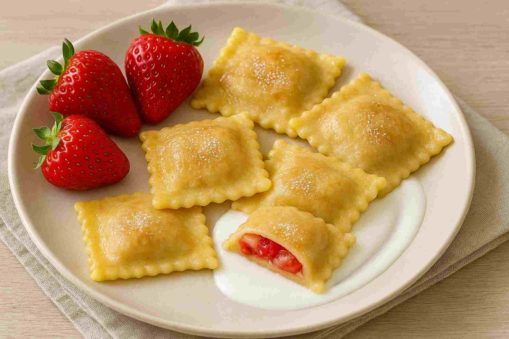 Raviolis dulces rellenos de fresas y ricotta
