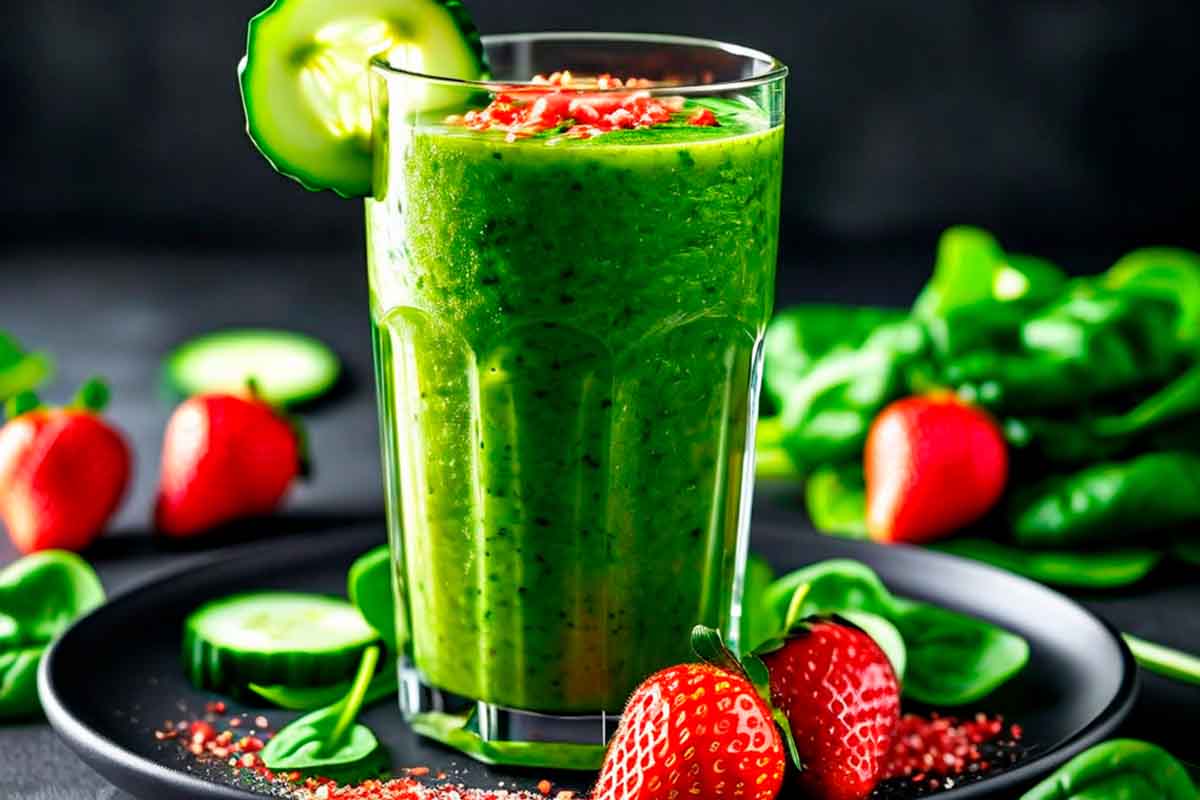 Paso a paso batido de espinacas, fresas y pepino emplatado
