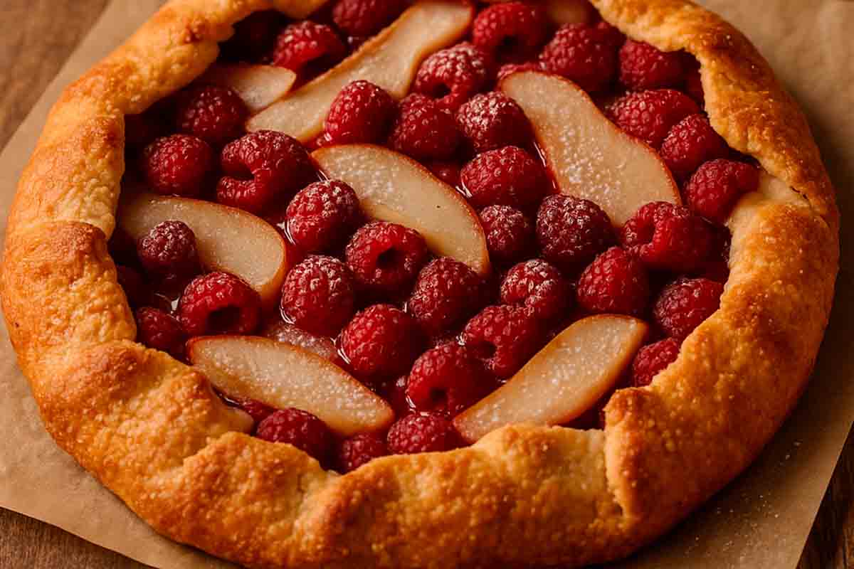 Paso a paso tarta rústica frambuesa y peras emplatado