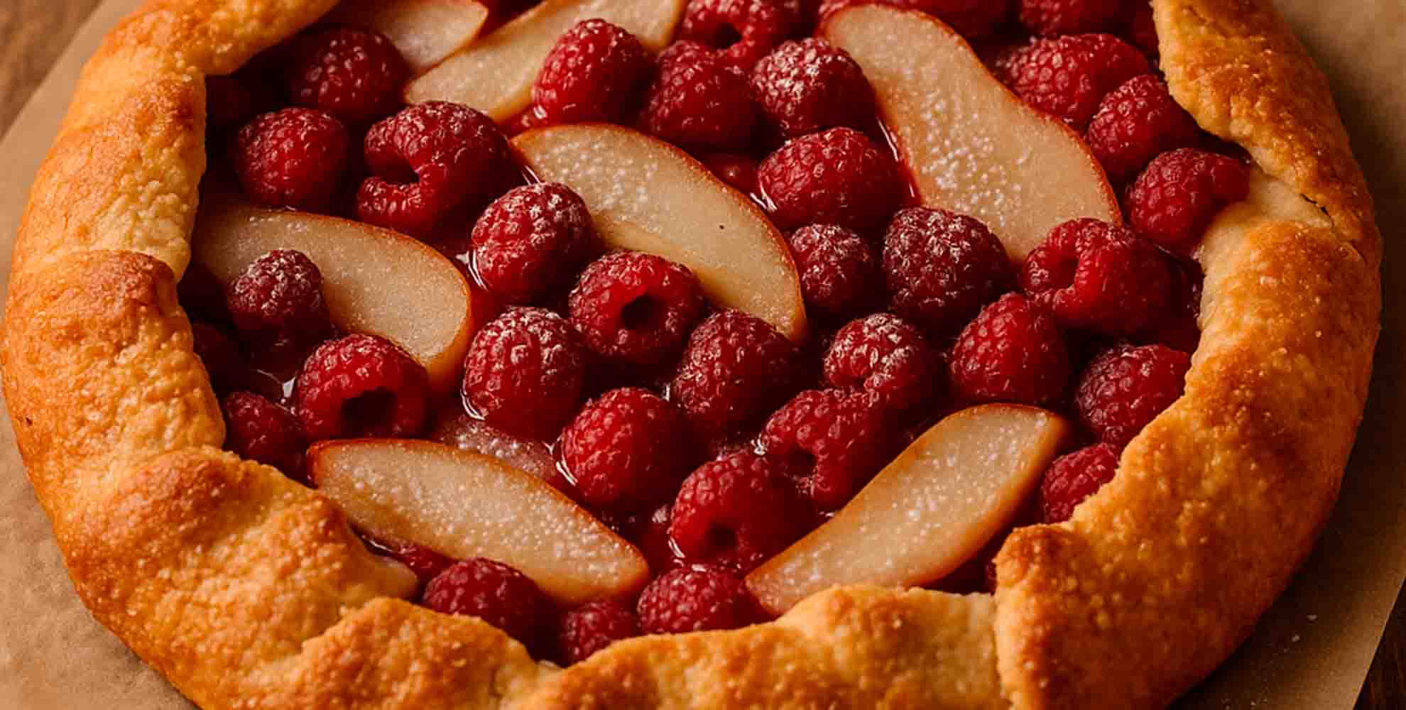 Portada tarta rústica frambuesa y peras