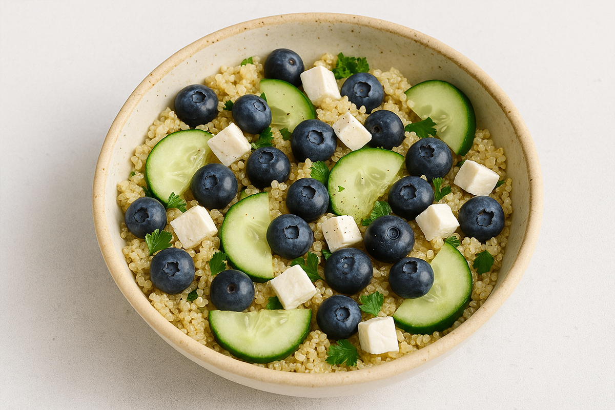 Ensalada saludable de quinoa con arándanos, pepino y queso feta