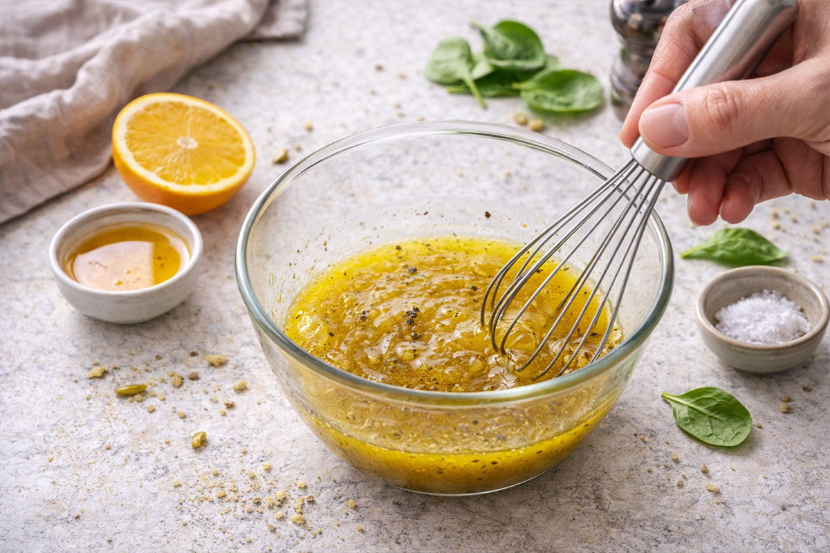 paso a paso aliño Ensalada templada de quinoa con arándanos y granada en bol