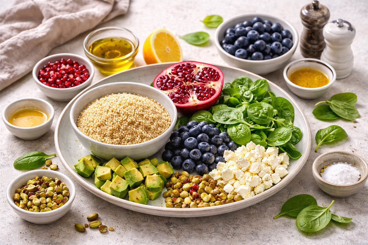 paso a paso ingredientesEnsalada templada de quinoa con arándanos y granada en bol