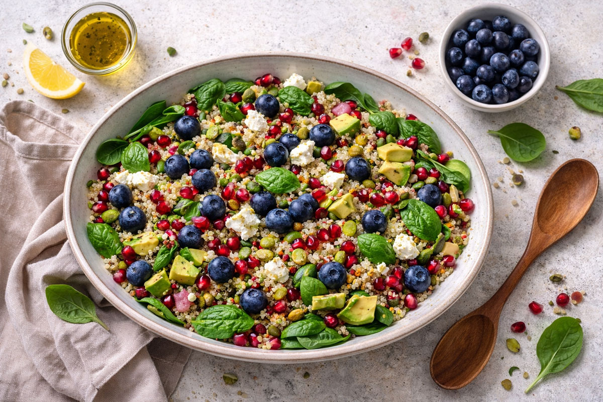 paso a paso montar Ensalada templada de quinoa con arándanos y granada en bol