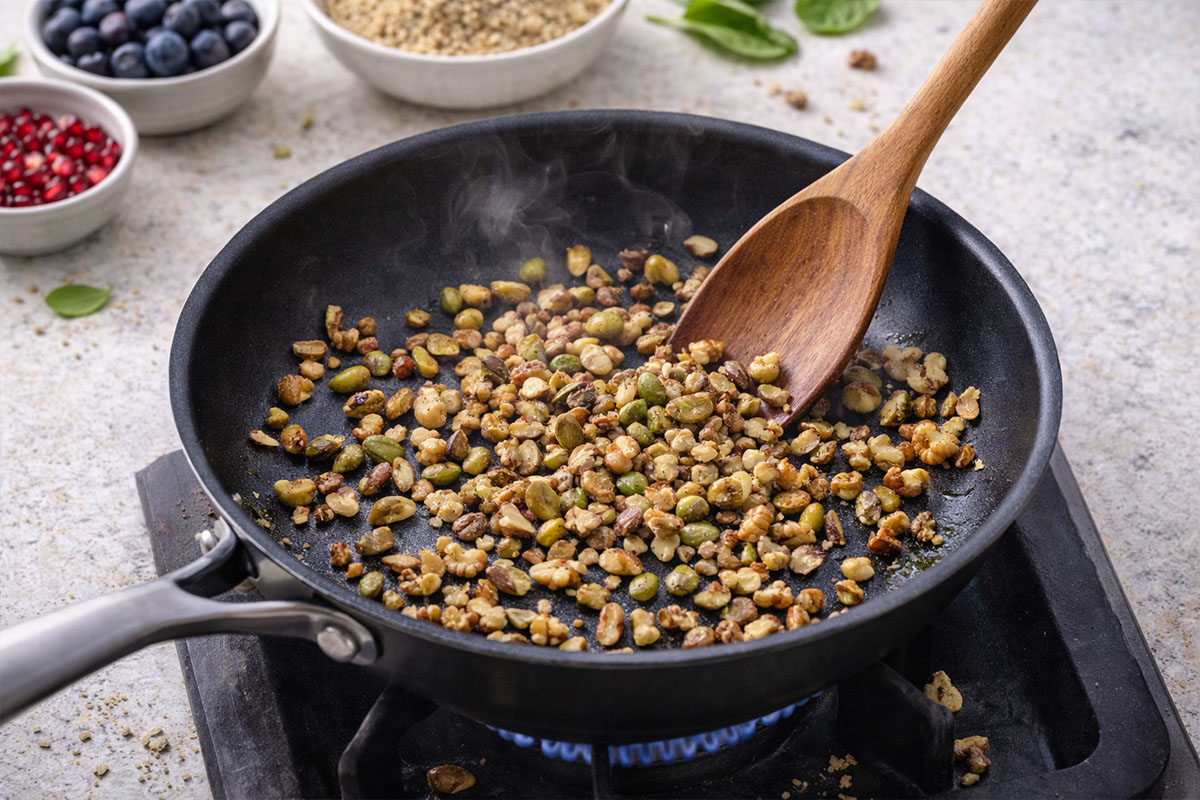 paso a paso tostar frutos secos Ensalada templada de quinoa con arándanos y granada en bol