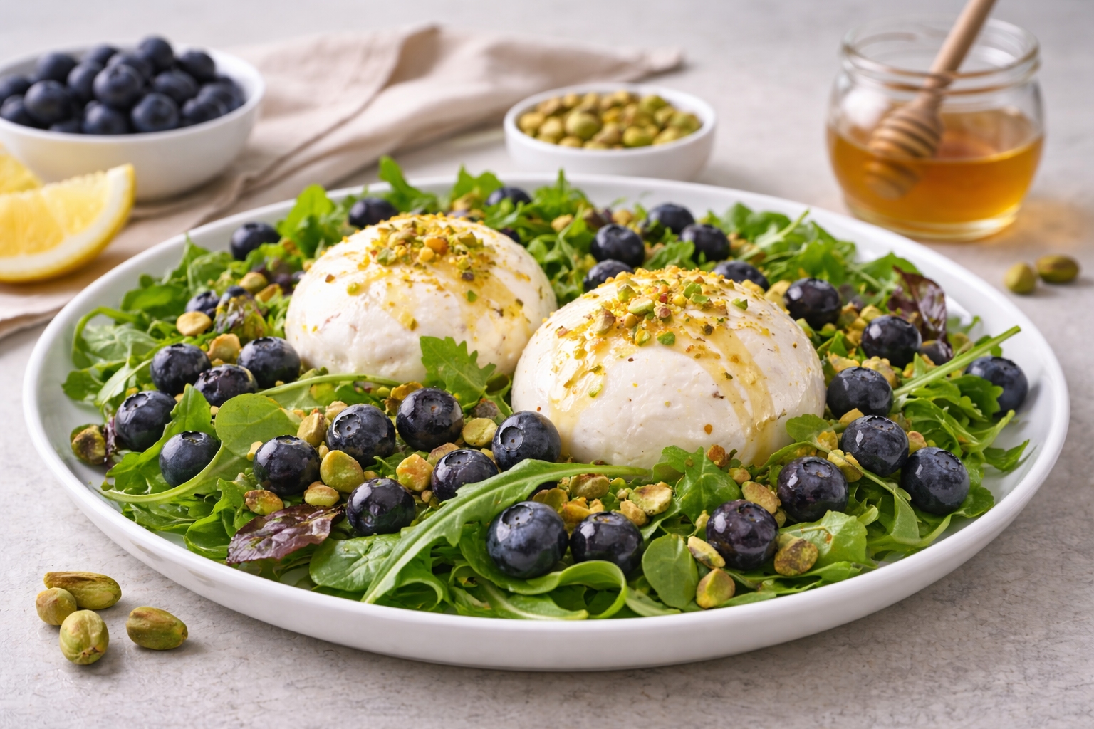 ensalada de burrata con arándanos