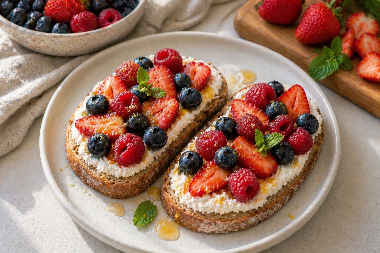 tostadas crujientes con ricotta y frutos rojos