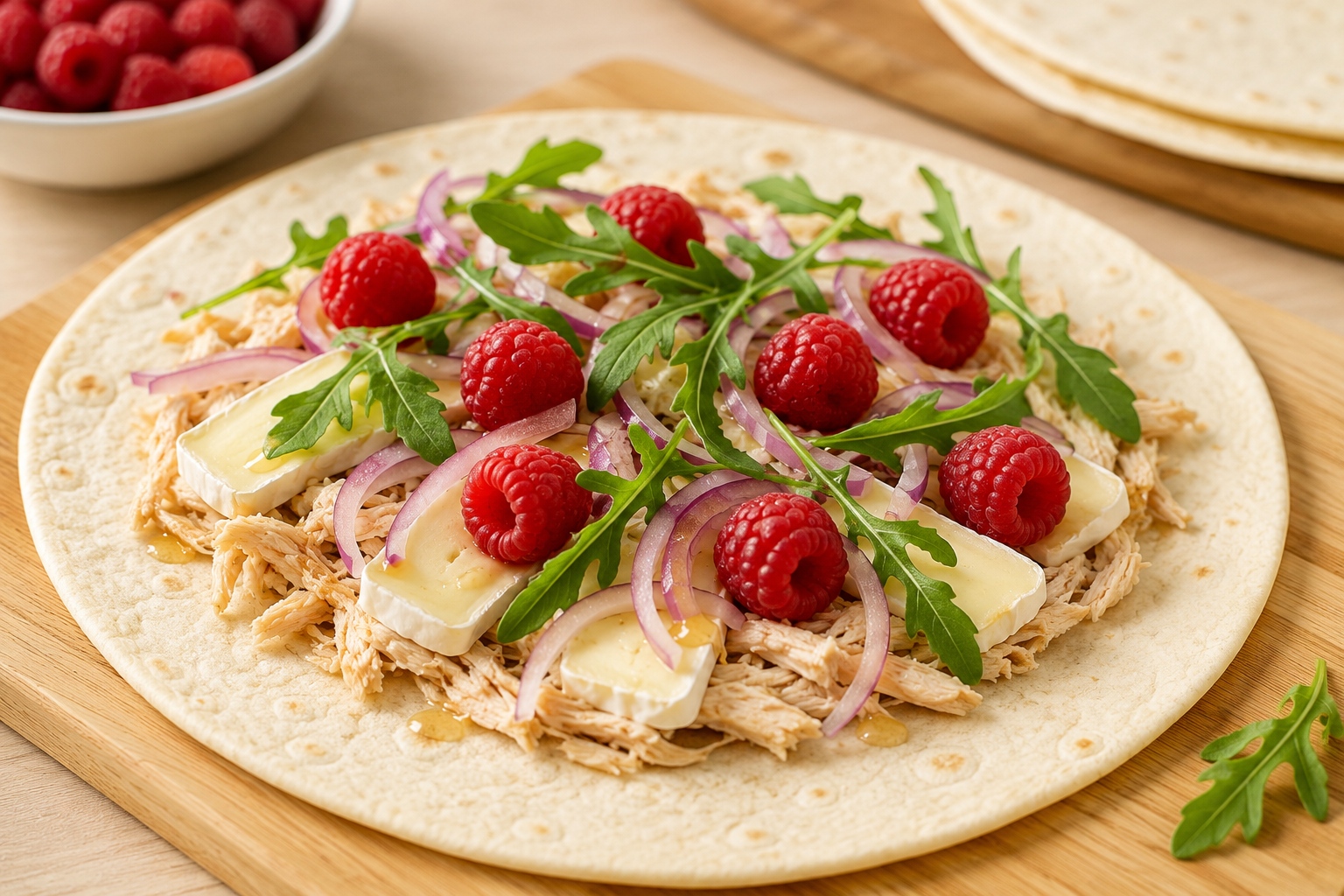 Quesadillas de pollo, brie y frambuesas