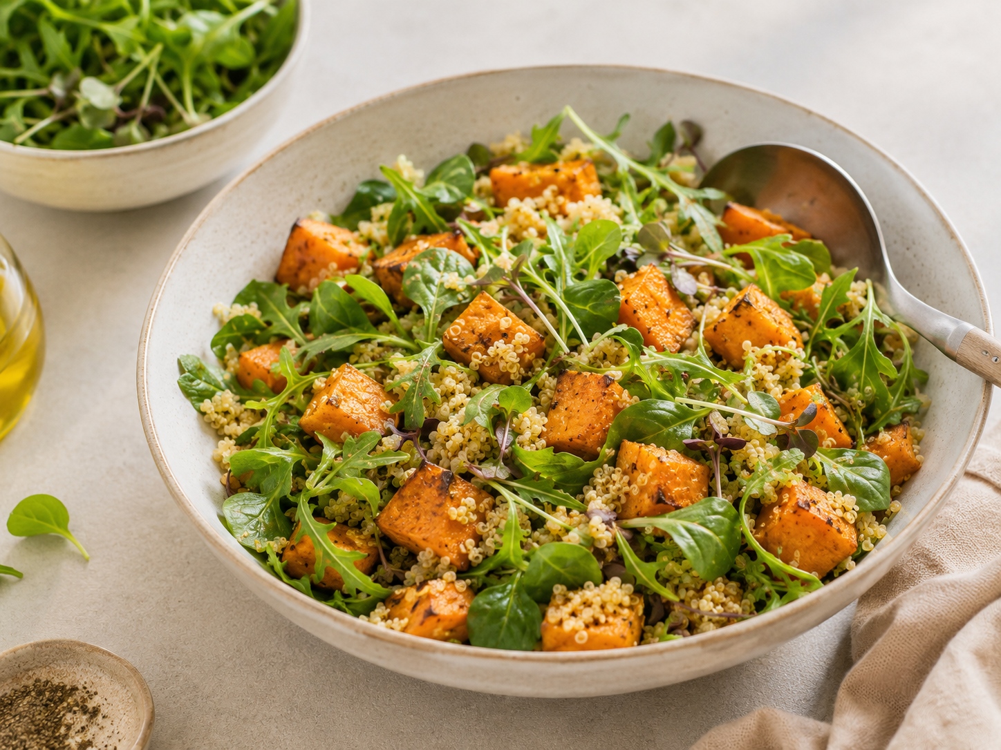 Ensalada templada de boniato quinoa y frambuesas