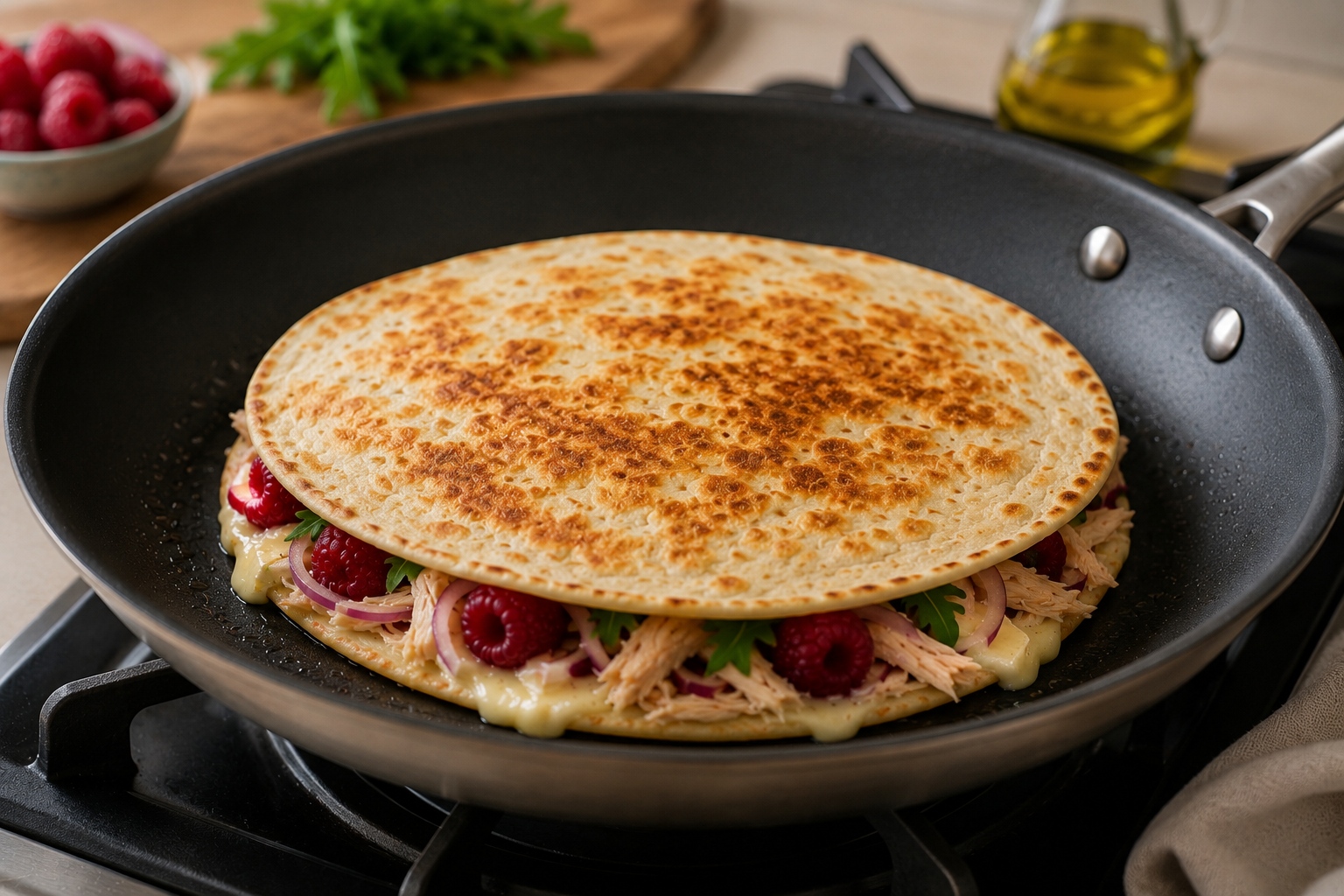 Quesadillas de pollo, brie y frambuesas