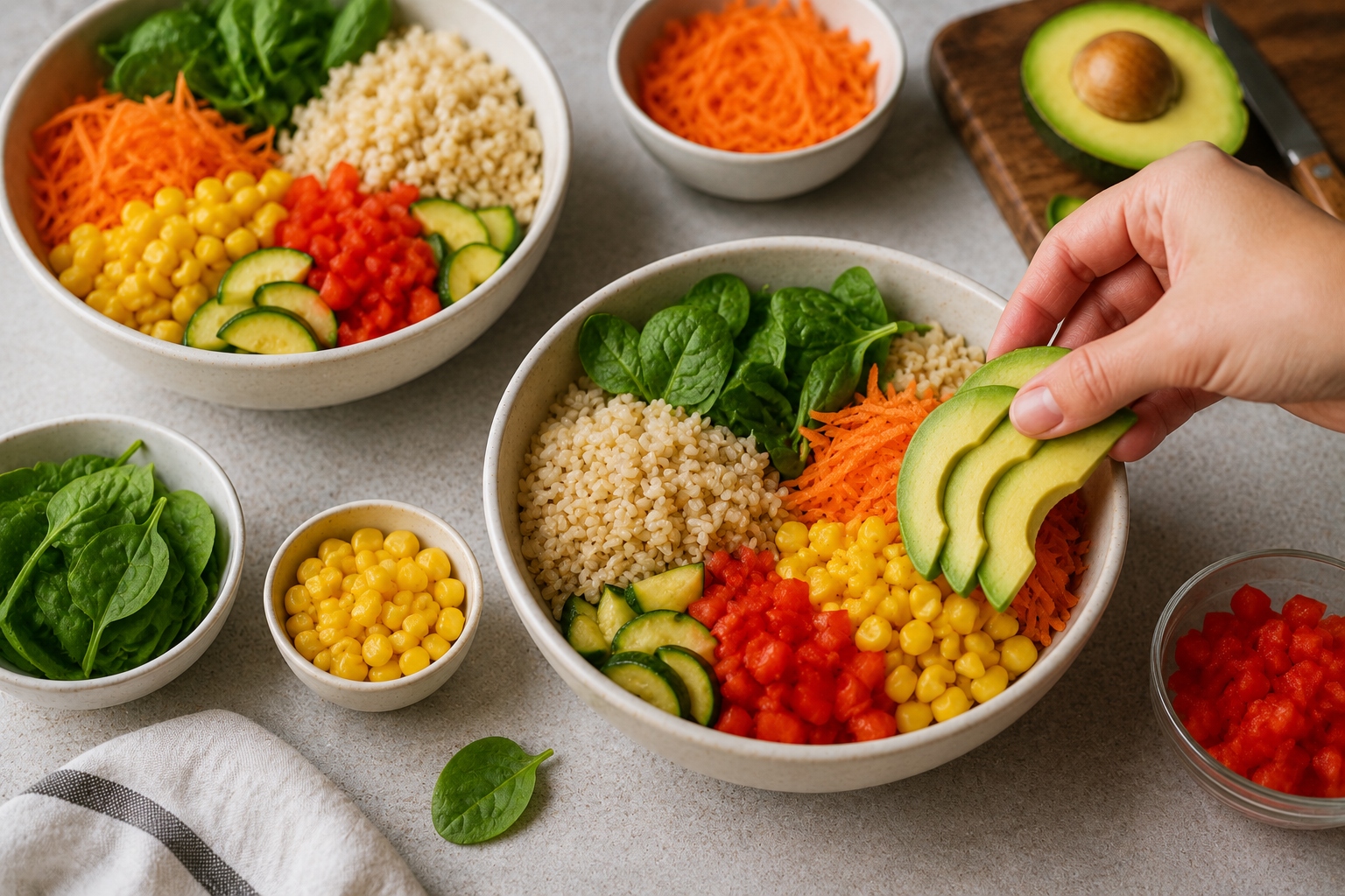 bowl de arroz integral con verduras y arándanos