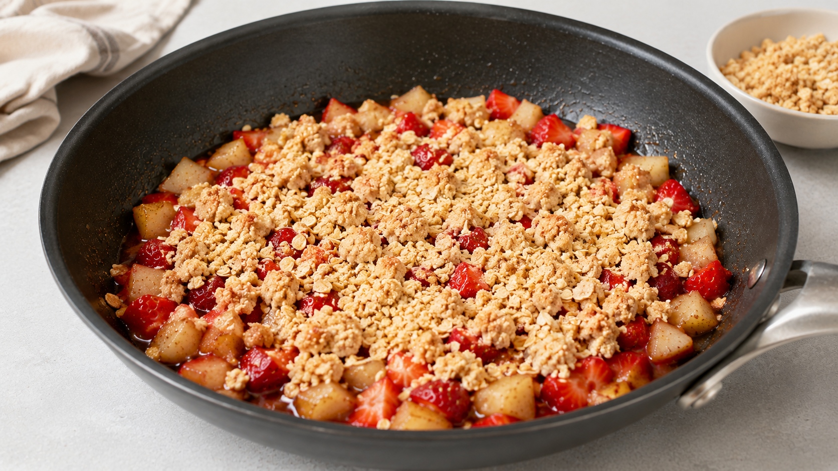 crumble rápido de pera y fresas en sartén