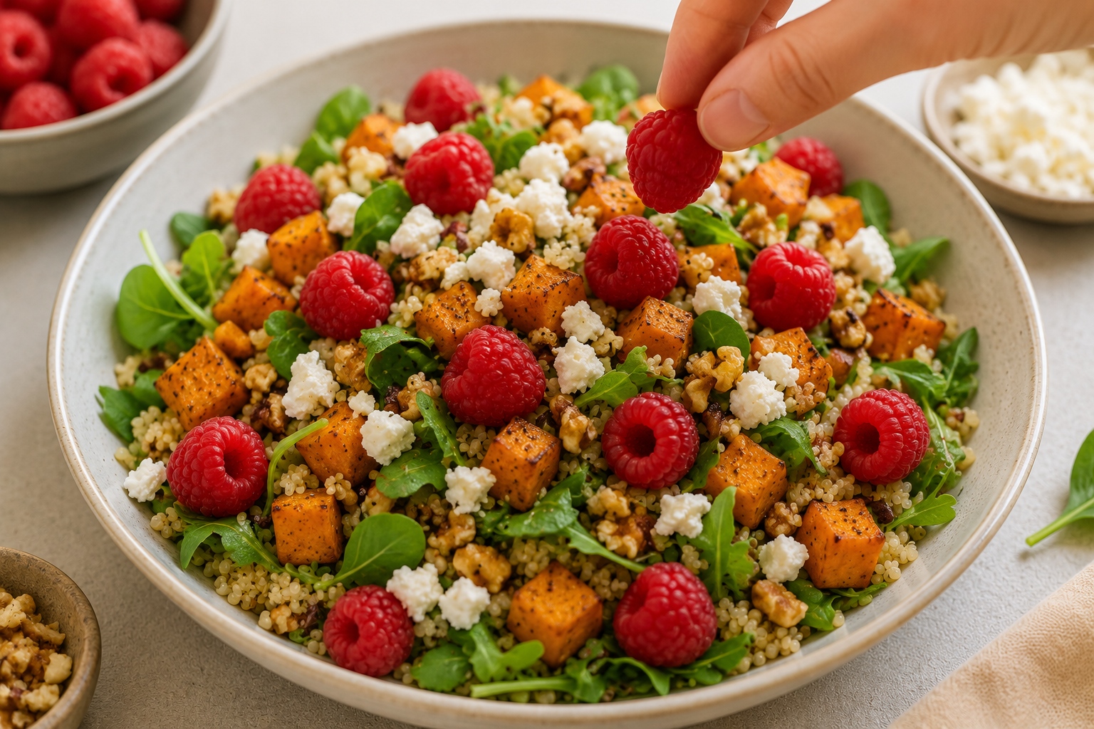 Ensalada templada de boniato quinoa y frambuesas