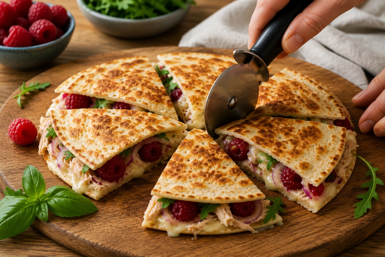 Quesadillas de pollo, brie y frambuesas