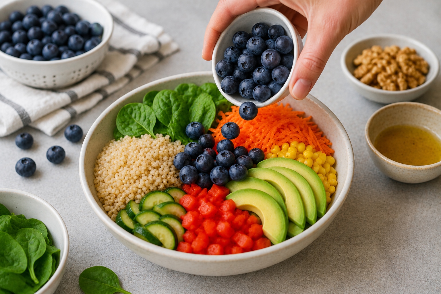 bowl de arroz integral con verduras y arándanos