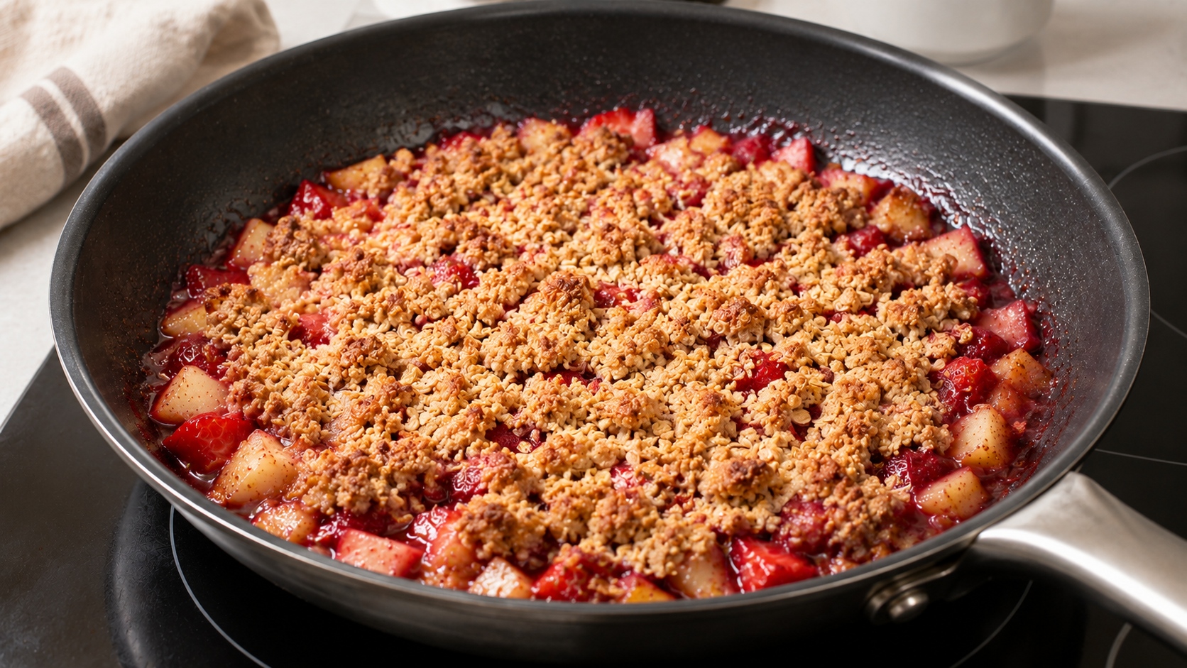 crumble rápido de pera y fresas en sartén