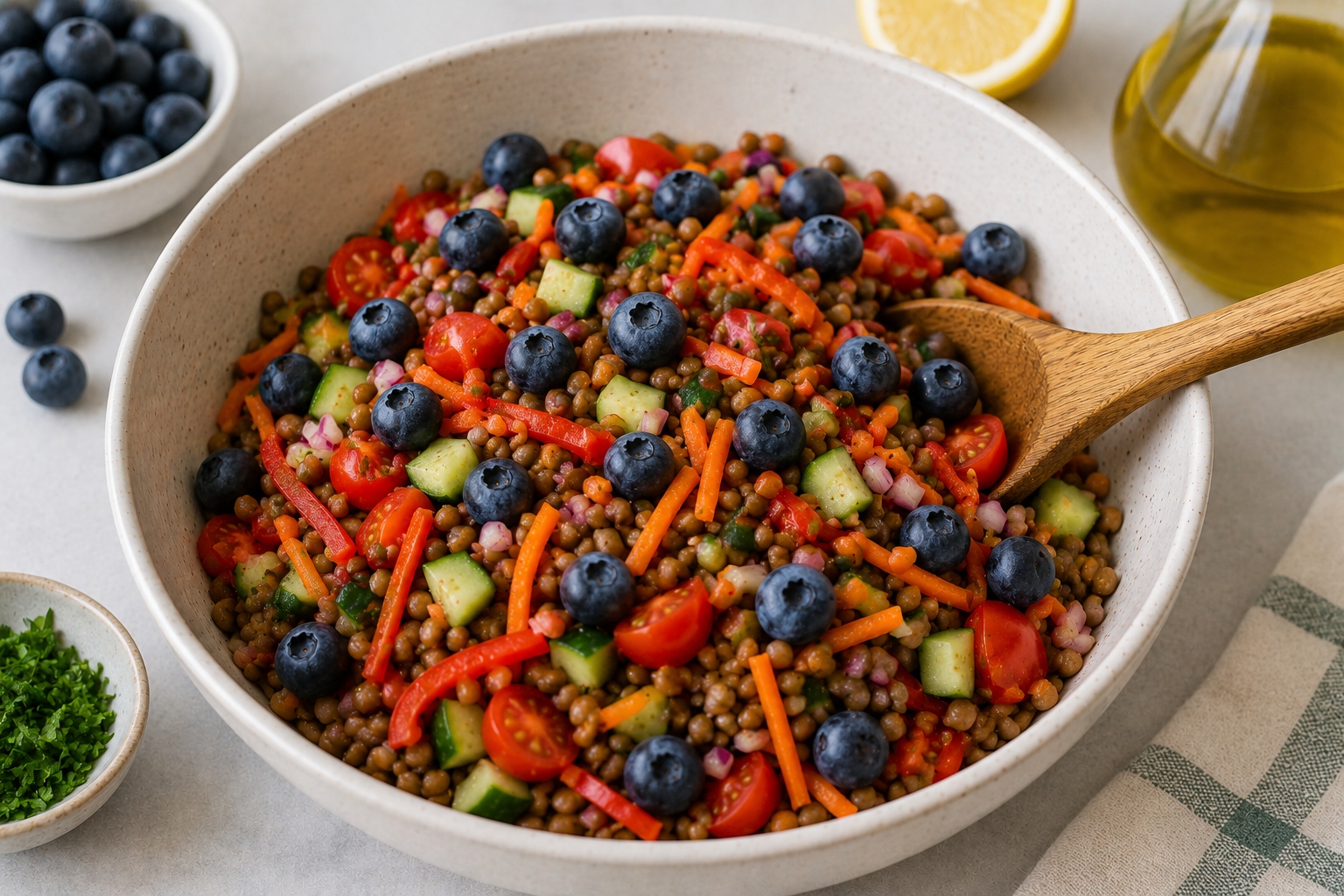 ensalada de lentejas frías con arándanos