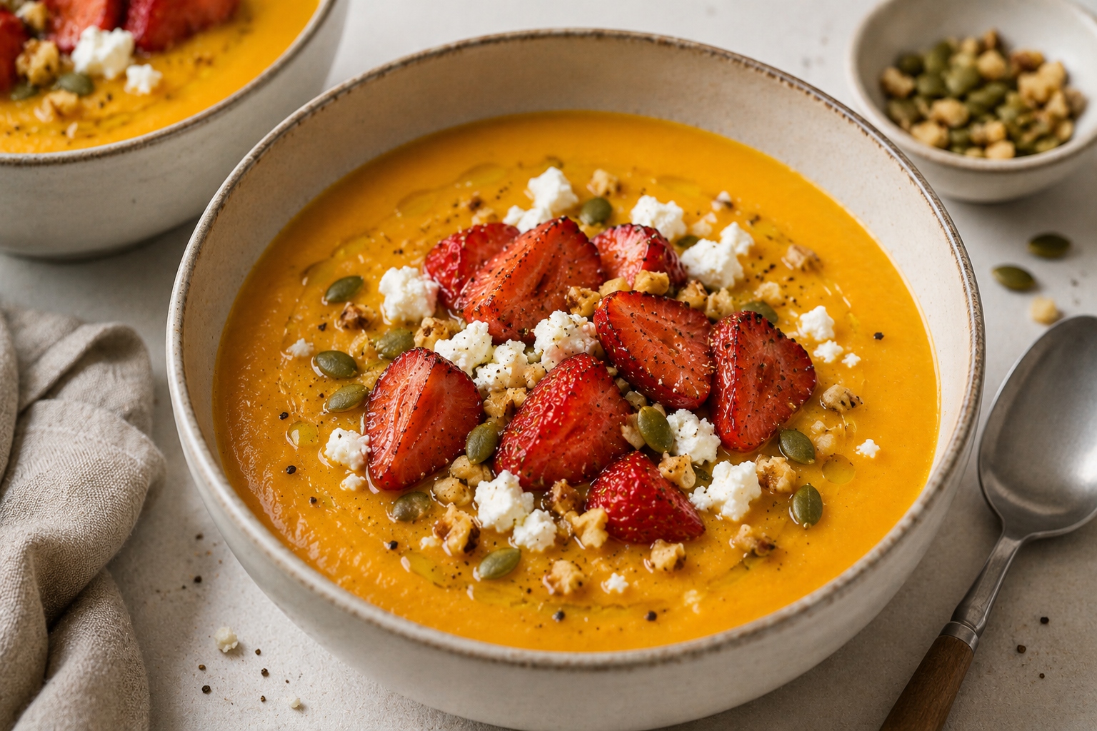 Crema de calabaza con fresas asadas