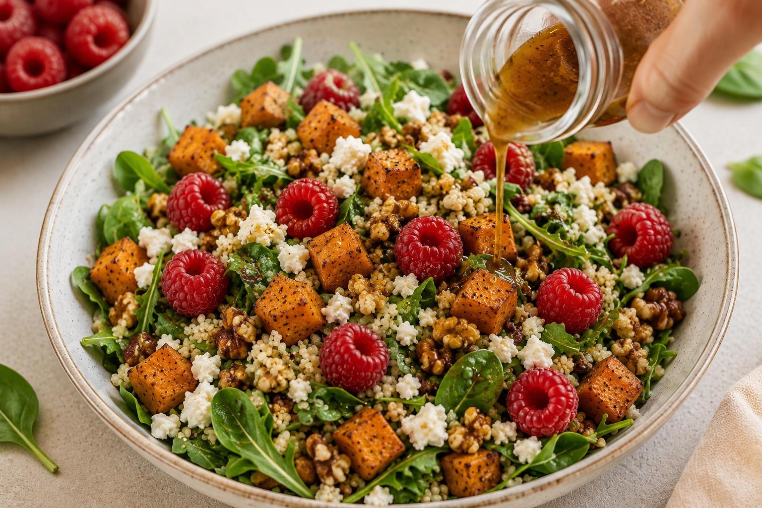 Ensalada templada de boniato quinoa y frambuesas