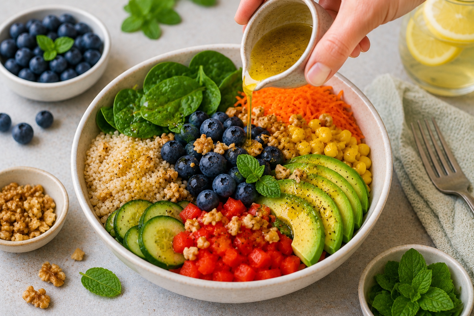 bowl de arroz integral con verduras y arándanos