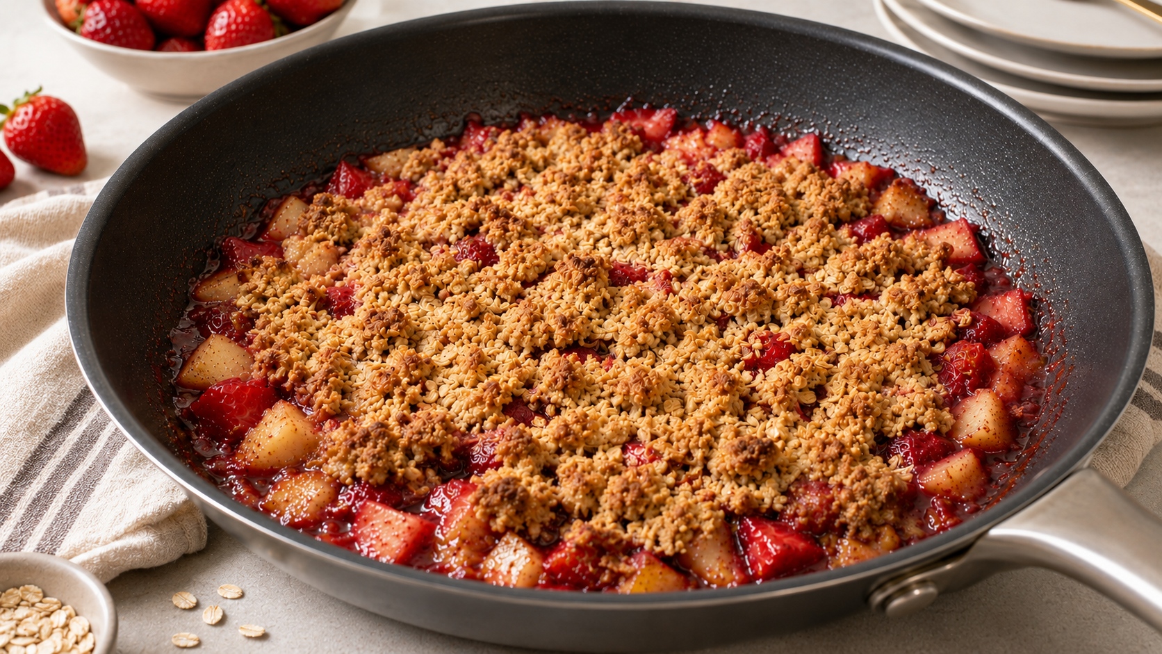 crumble rápido de pera y fresas en sartén
