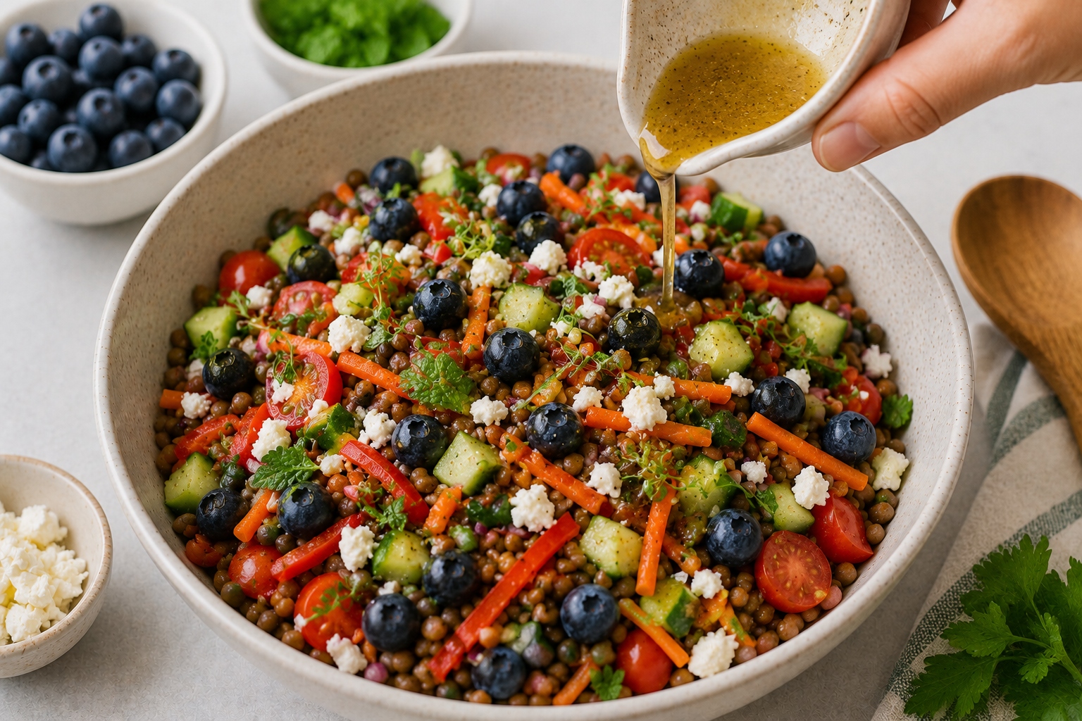 ensalada de lentejas frías con arándanos