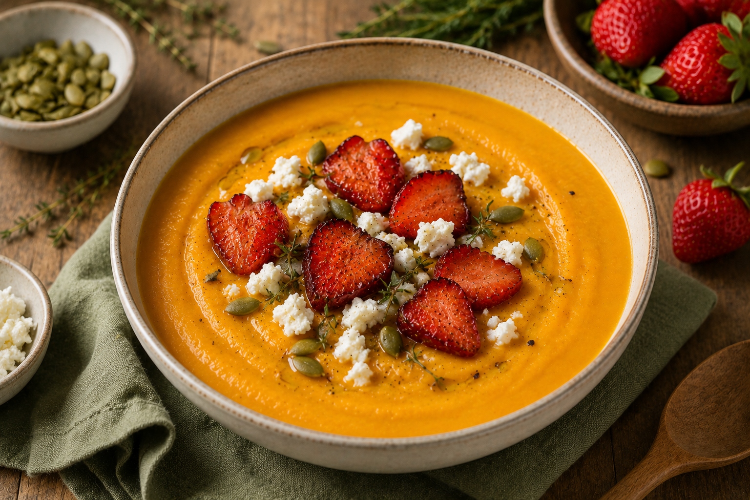 Crema de calabaza con fresas asadas