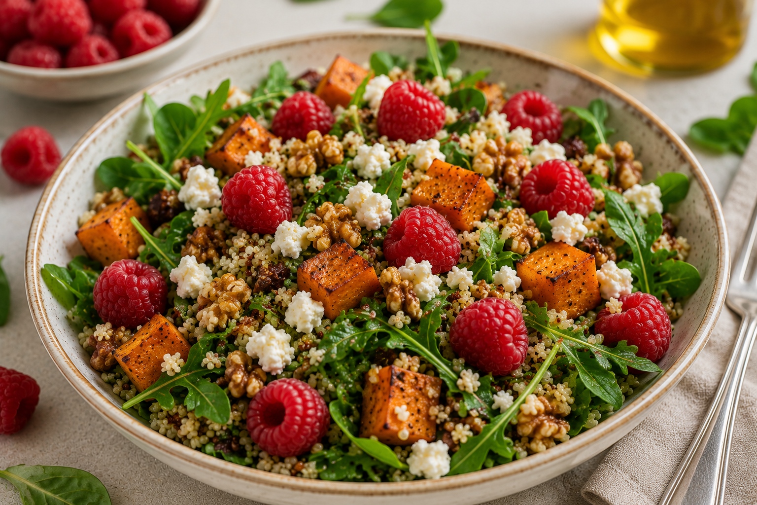 Ensalada templada de boniato quinoa y frambuesas