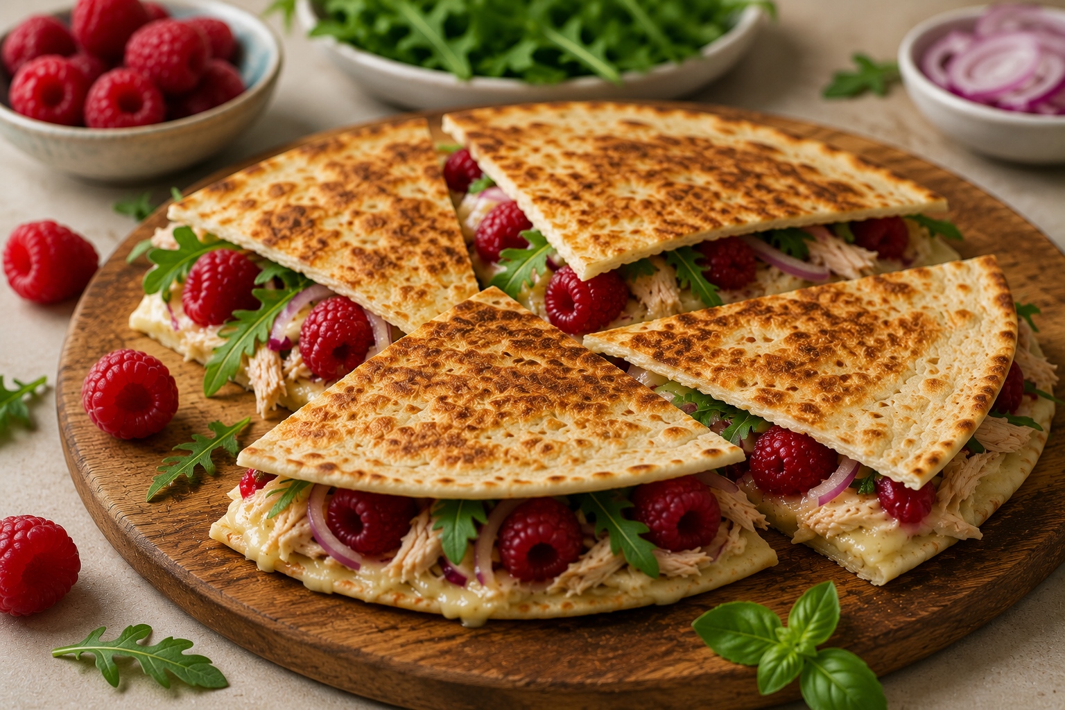 Quesadillas de pollo, brie y frambuesas