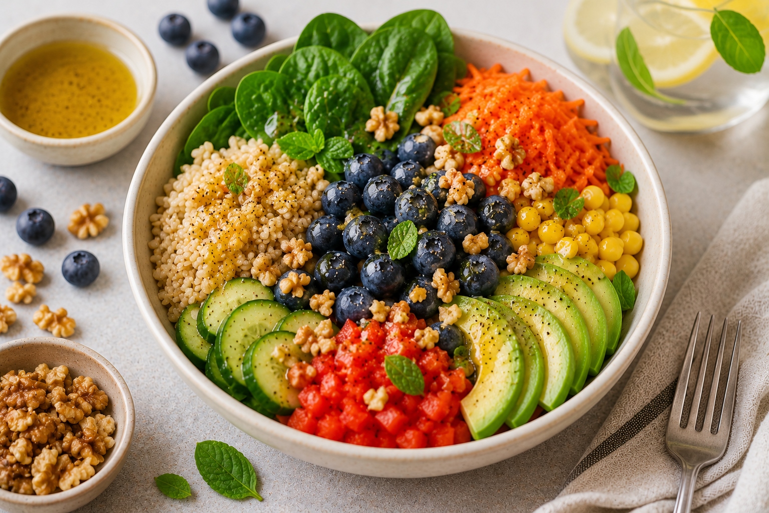 bowl de arroz integral con verduras y arándanos