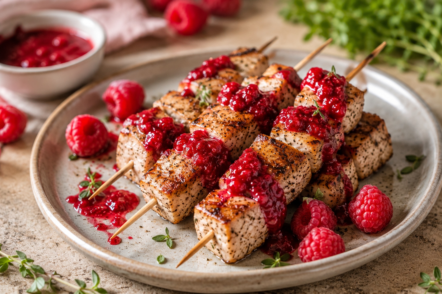 brochetas de pavo con salsa de frambuesas