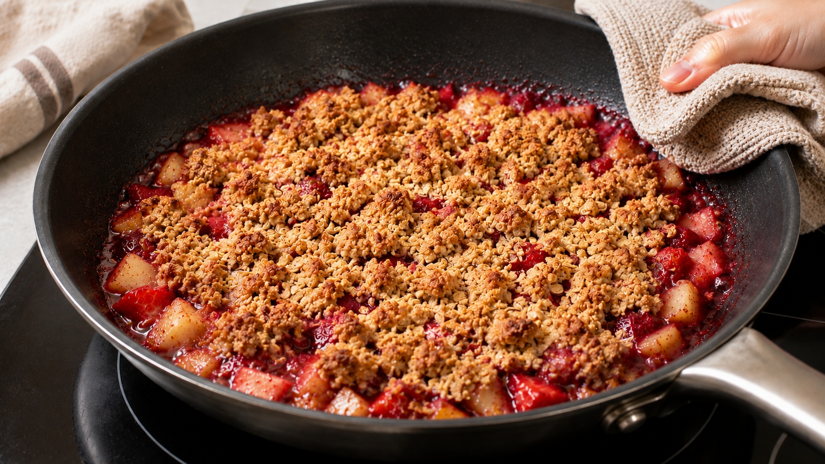 crumble rápido de pera y fresas en sartén