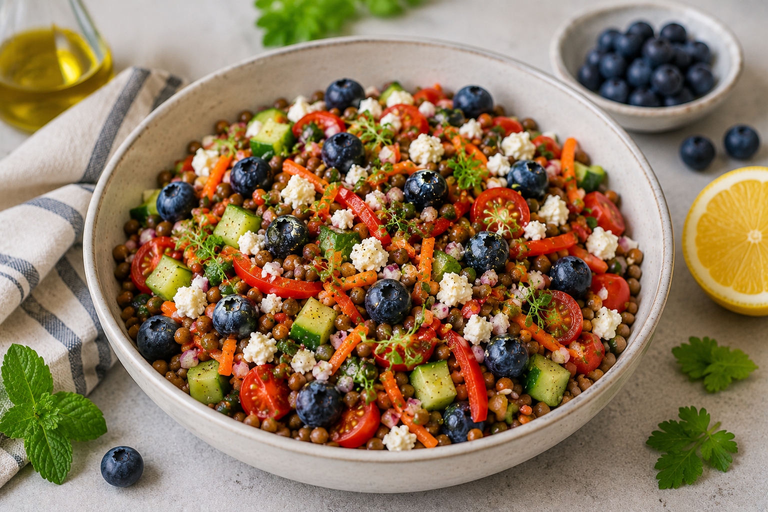 ensalada de lentejas frías con arándanos