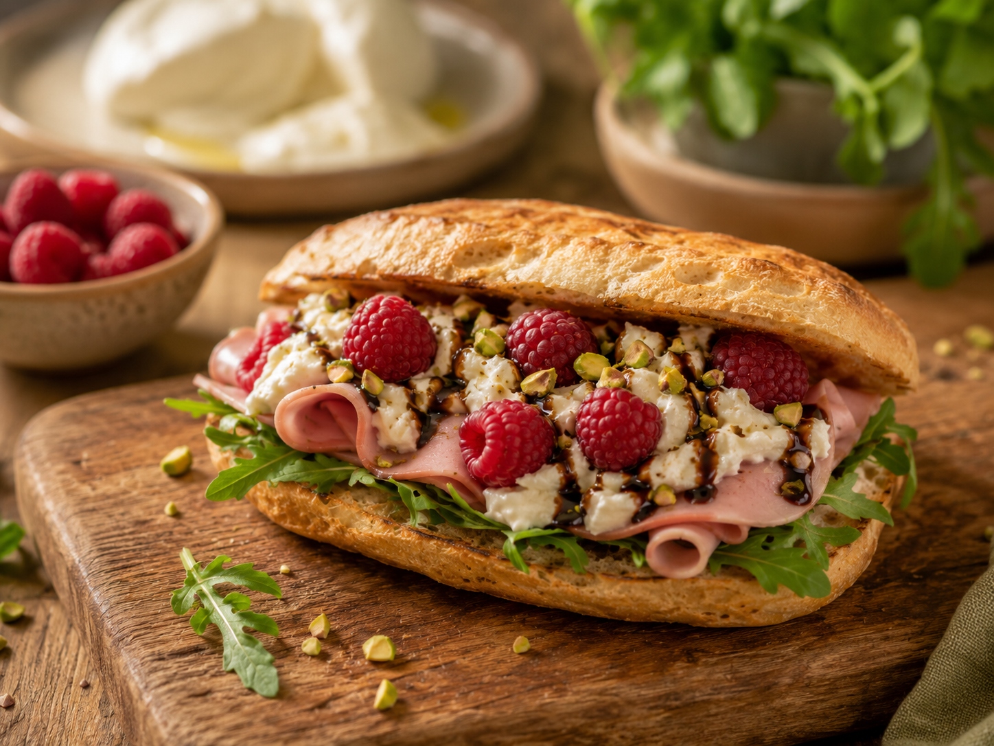 bocadillo gourmet de burrata mortadela y frambuesas
